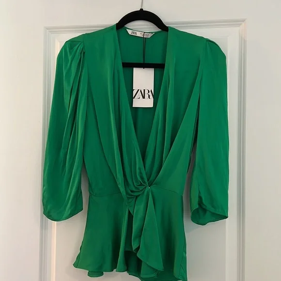 FLASH SALE NWT Zara Green Satin Wrap Top - Picture 6 of 11